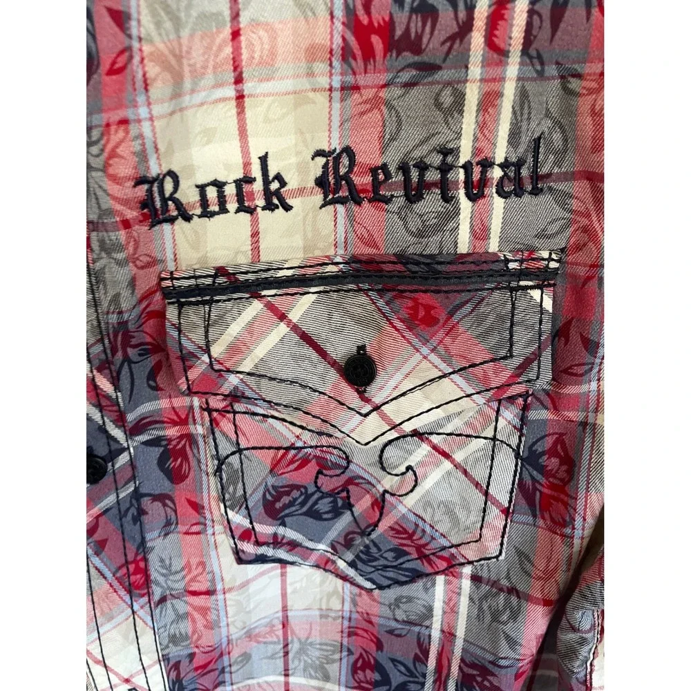 Rock Revival Men's M Embroidered Plaid Floral Button Down Shirt BLE2202L Western - Picture 5 of 10